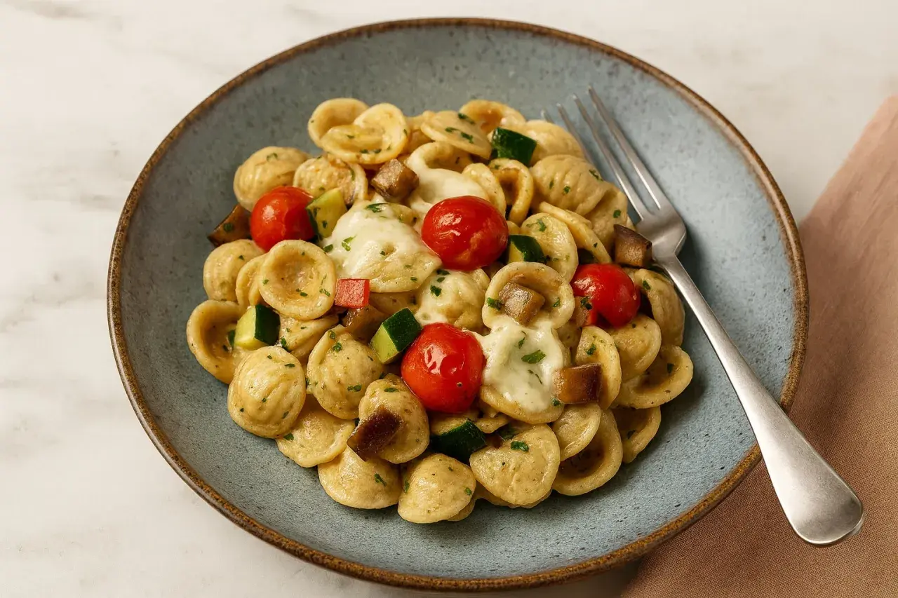 Orecchiette-Pasta mit Kirschtomaten, Zucchini und geschmolzenem Käse. Ein köstliches Gericht, das sich perfekt für Orecchiette Rezepte eignet.