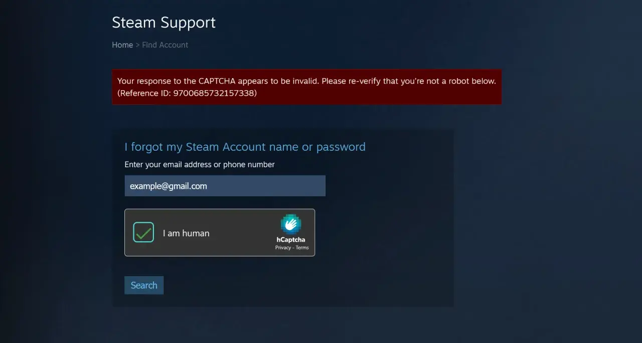 Strona Steam Support, gdzie można odzyskać konto. Wpisz email, zaznacz "Jestem człowiekiem", by dowiedzieć się, jak skontaktować się z steam support.