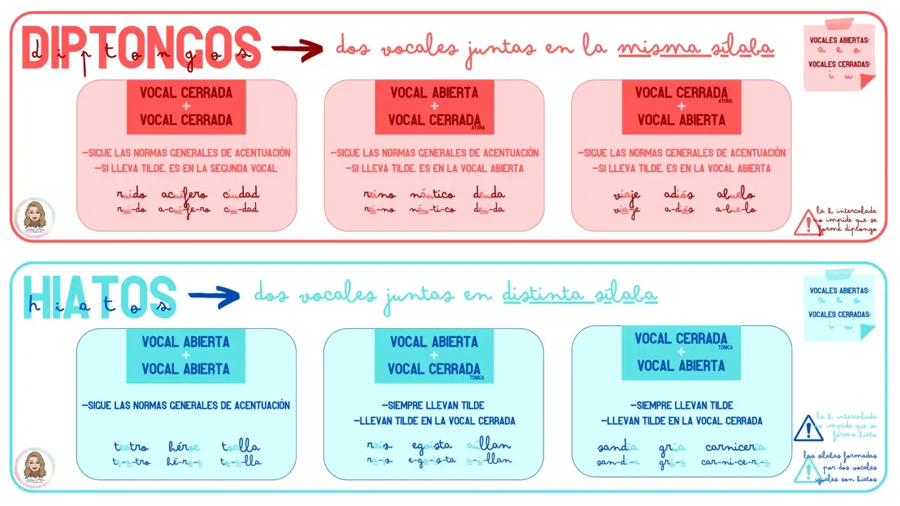Diptongos: dos vocales juntas en la misma sílaba. Ejemplos: ruido, acuífero, ciudad.