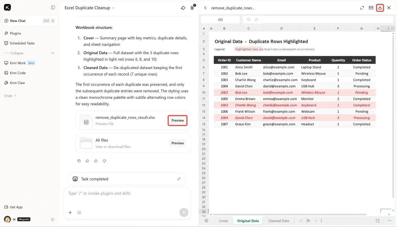Dati originali con righe duplicate evidenziate in rosso. Il sistema ha aiutato a rimuovi duplicati per ottenere un set di dati pulito.