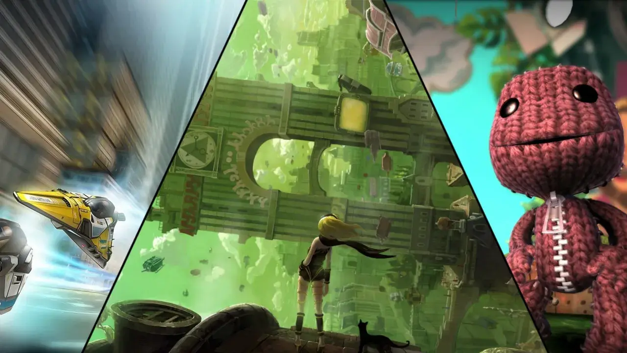 Kolaż z grafik z gier na PS Vita: żółty pojazd kosmiczny, dziewczyna w zielonym mieście i Sackboy.