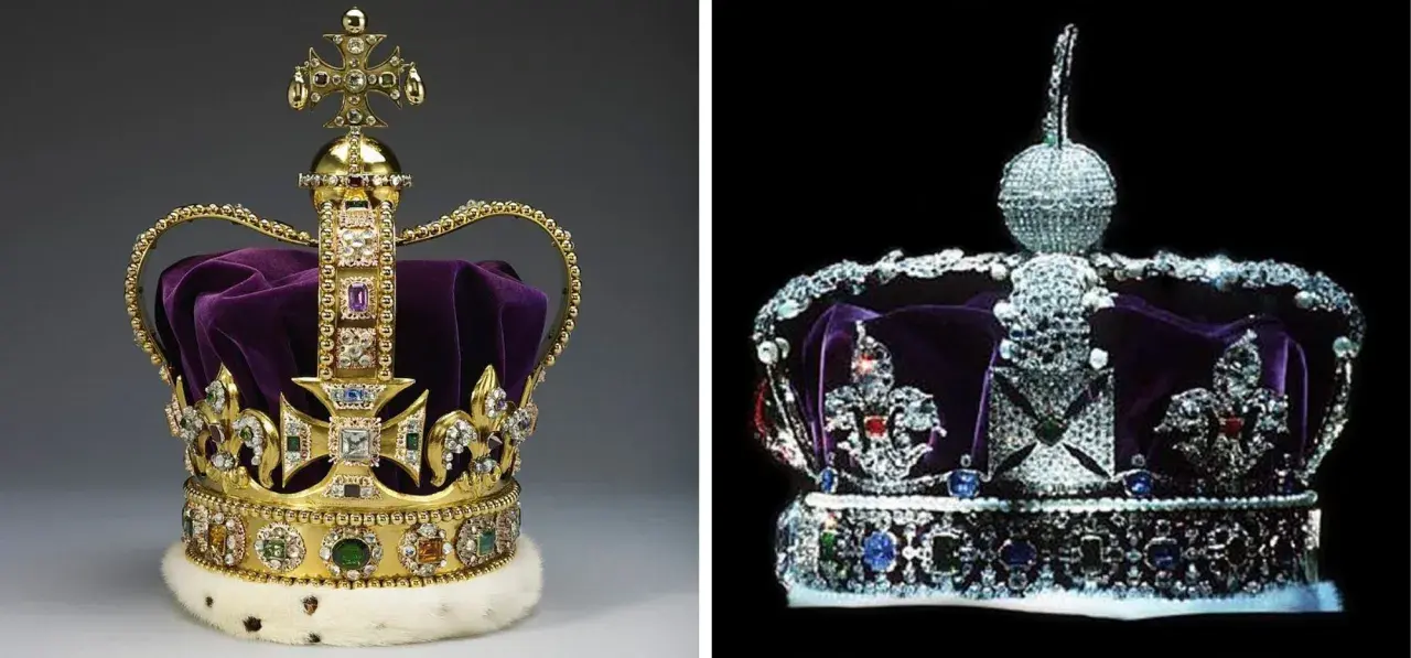 Dwie korony królewskie, jedna złota z purpurowym aksamitem i krzyżem, druga bogato zdobiona diamentami. Obie symbolizują władzę, jak korona królowej Anglii.
