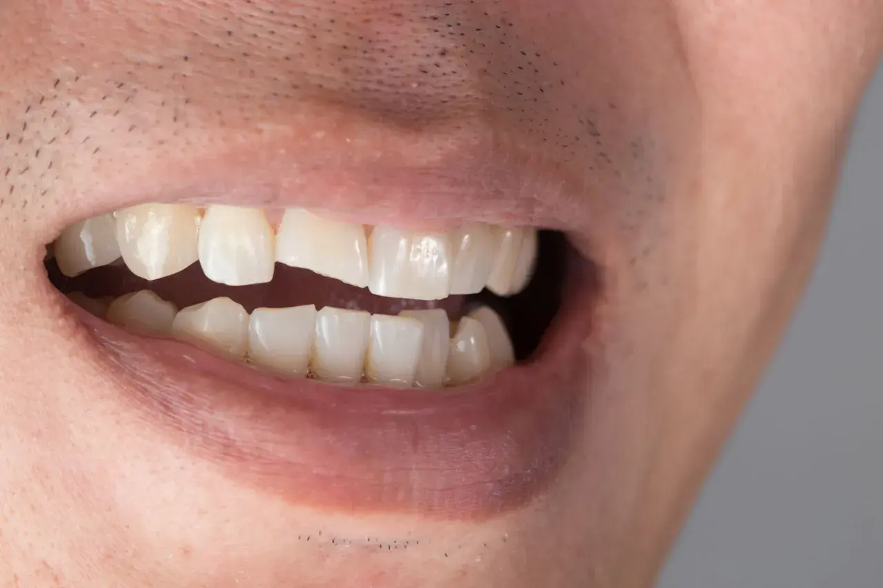 Primo piano di una bocca con un dente scheggiato visibile.