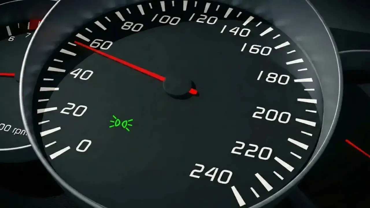 Cruscotto auto: tachimetro segna 60, spia luci posizione accesa.