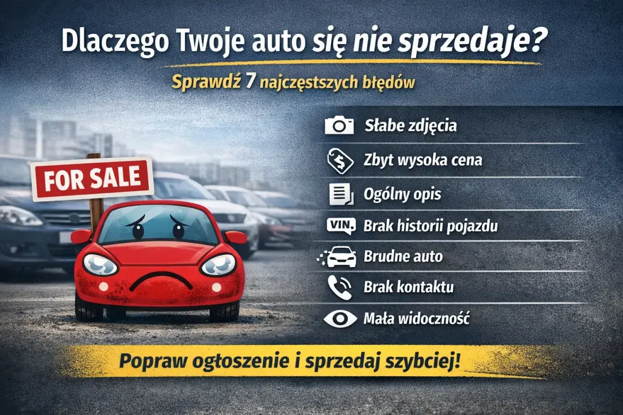 Smutne czerwone auto z tabliczką "FOR SALE" i lista błędów w ogłoszeniu, jak w trybie incognito, utrudniającym sprzedaż.