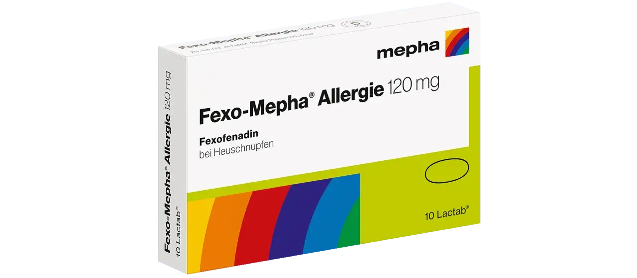Fexofenadin-haltige Fexo-Mepha® Allergie 120 mg Packung für 10 Lactabs gegen Heuschnupfen.