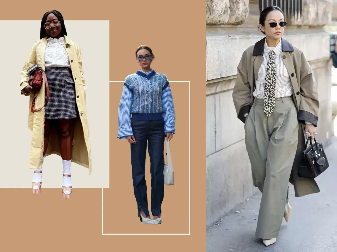 Kobiety prezentują styl preppy damski: trencz, krata, kamizelka, koszula, krawat, szerokie spodnie.