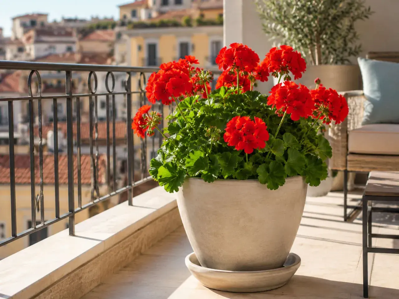 Gerani rossi fioriti in un vaso di terracotta, perfetti piante da davanzale esterno, su un balcone con vista su tetti cittadini.