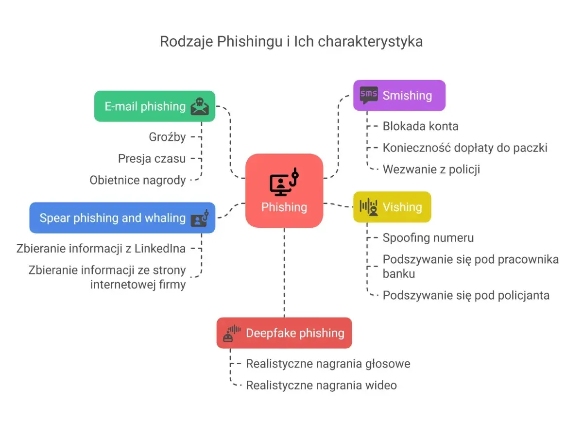 Rodzaje phishingu: e-mail, smishing, vishing, spear phishing, deepfake. Dowiedz się, phishing co to jest i jak się chronić.