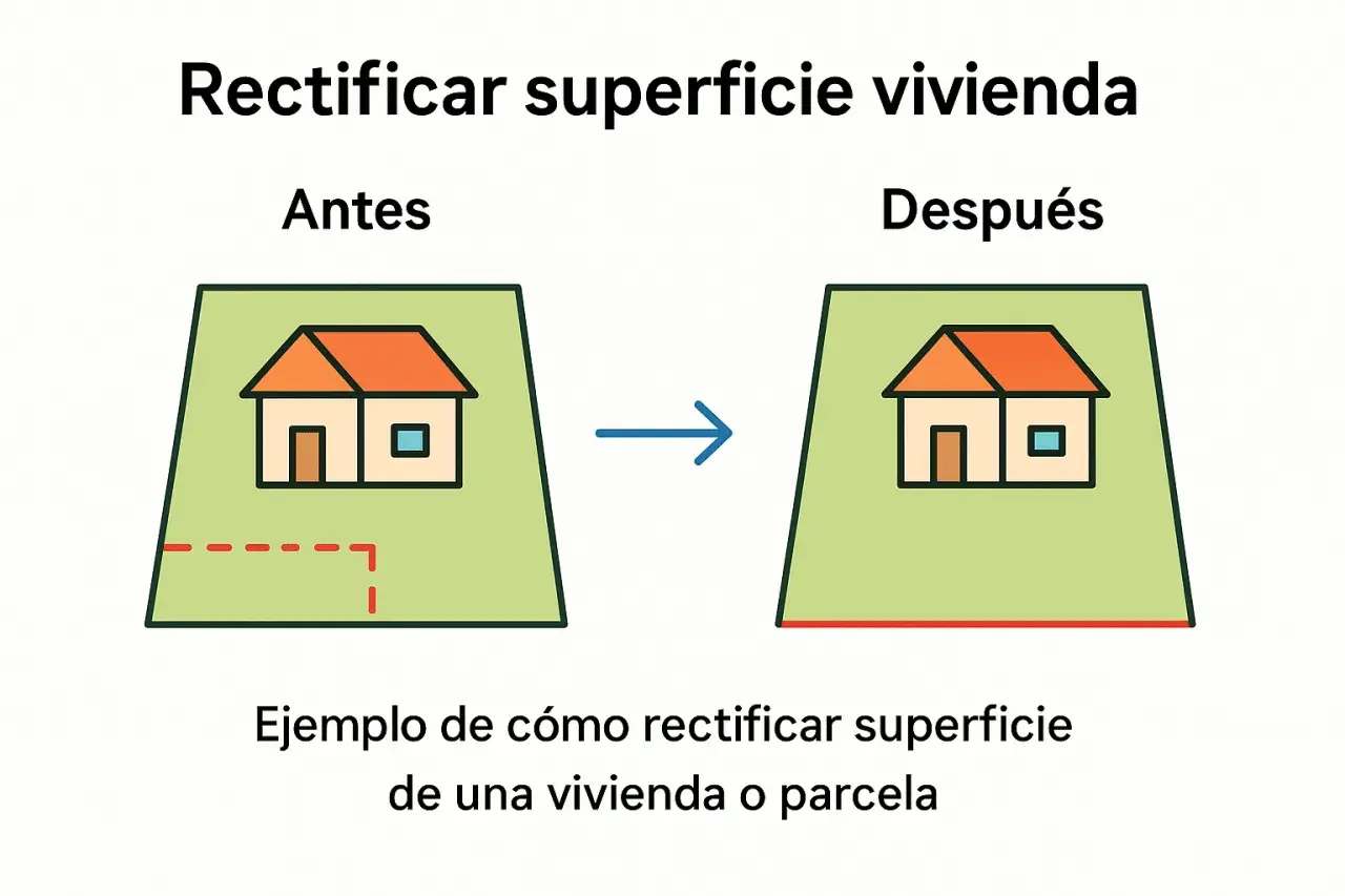 Antes, una parcela con exceso de cabida y una casa. Después, la parcela rectificada y la casa.
