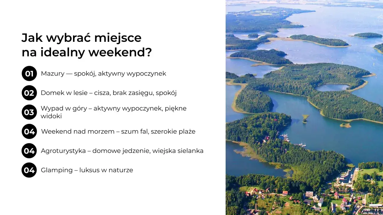 Malownicze miasto nad jeziorem, otoczone zielenią i wodą, idealne na weekendowy wypoczynek.