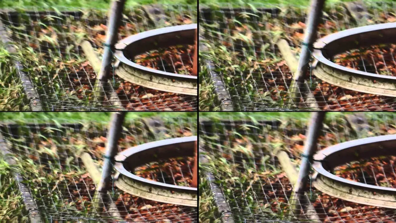 Zniekształcony obraz z efektem rolling shutter, ukazujący fragment ogrodzenia i ziemi.