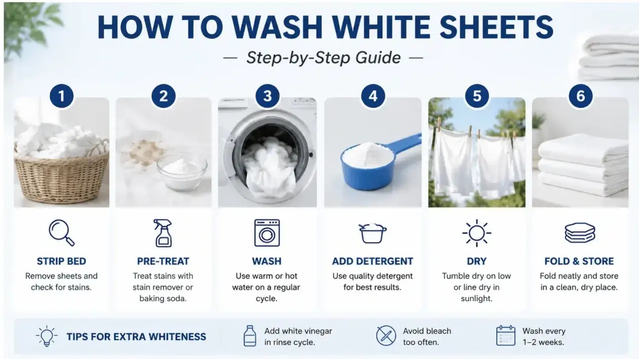 Step-by-step guide on how to wash white sheets and blankets: strip bed, pre-treat stains, wash, add detergent, dry, and fold.