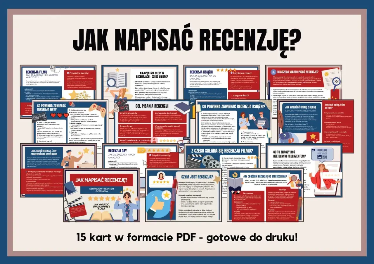 Plakat z nagłówkiem "Jak napisać recenzję?" i wieloma mniejszymi kartami z poradami.
