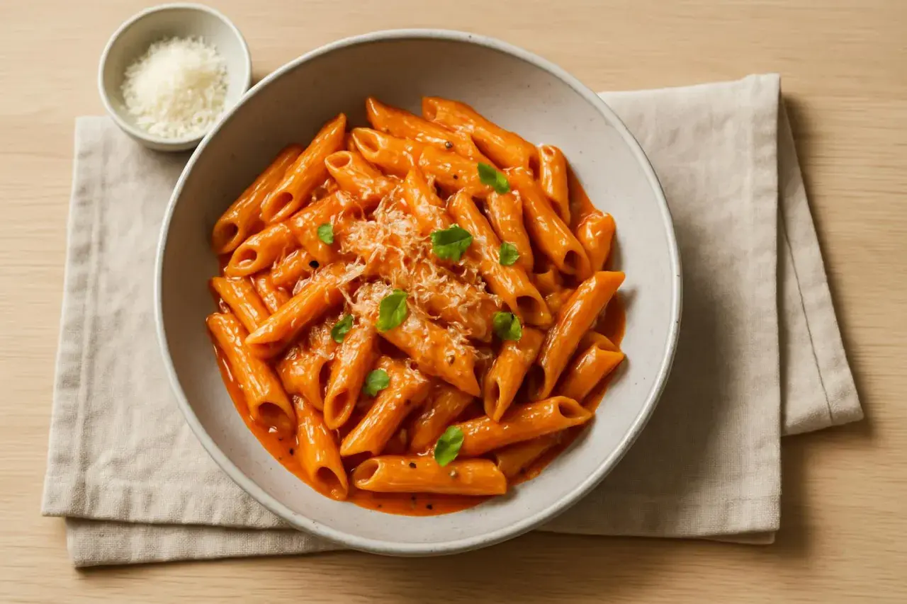 En skål med krämig vodka pasta, toppad med riven parmesan och färska örter. En klassiker som alltid går hem.