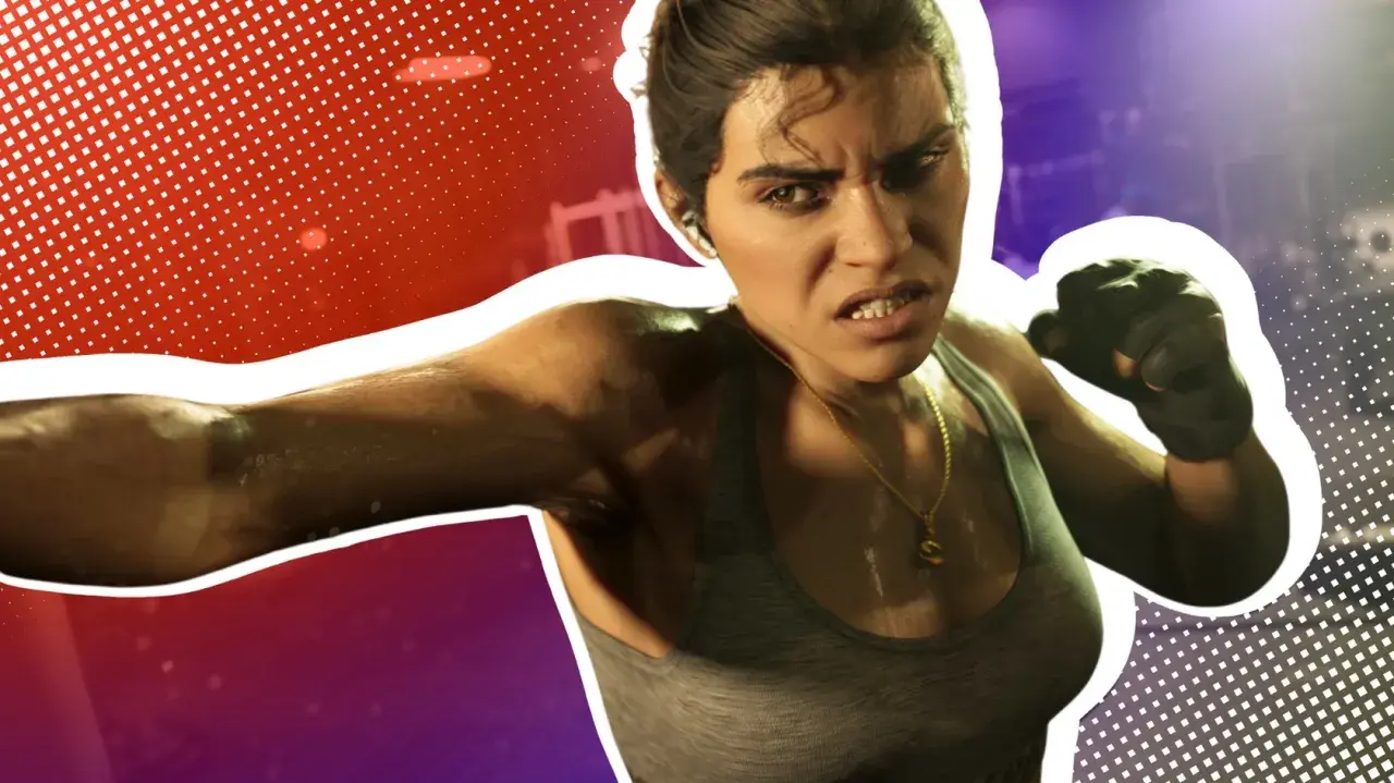 Aggressive Kämpferin im **GTA 6 Gameplay**. Sie ist bereit für den Kampf, mit angespannten Muskeln und entschlossenem Blick.