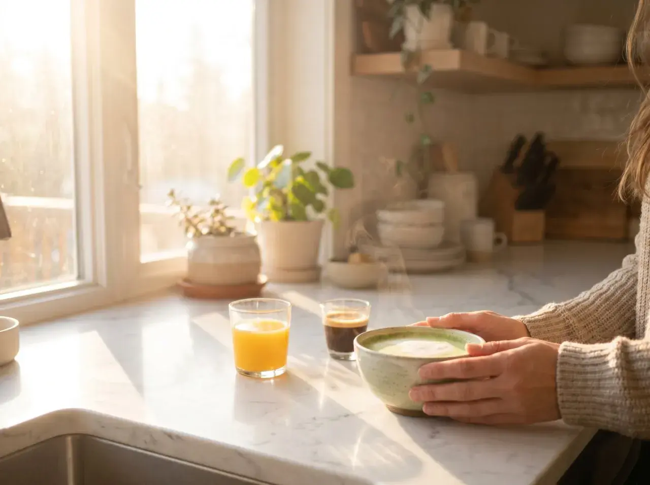 Petit-déjeuner ensoleillé pour savoir comment avoir de l'énergie le matin : jus d'orange, café et bol de matcha fumant.