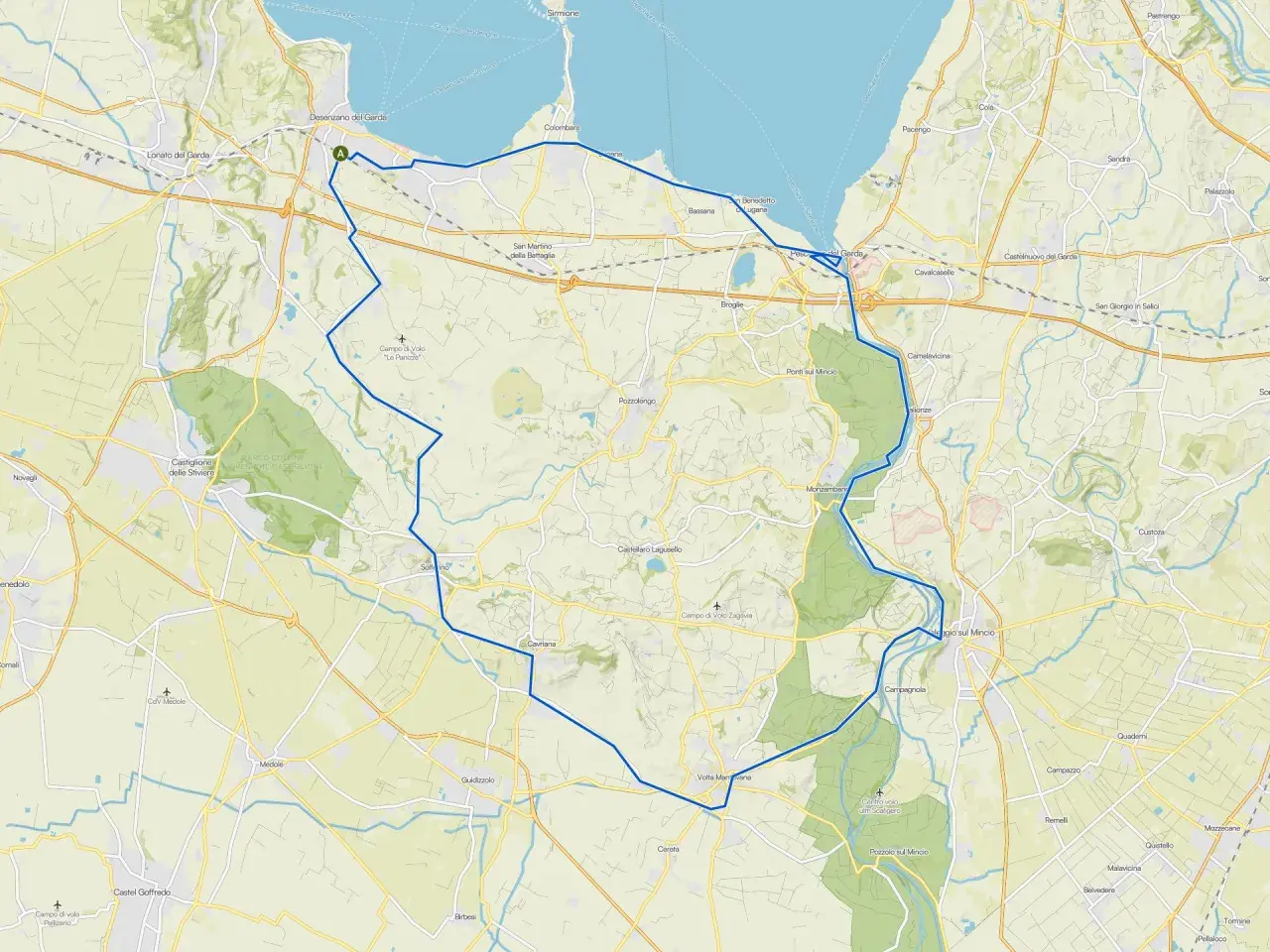 Mappa della ciclabile Desenzano, un percorso che attraversa borghi e campagne del Garda e Mantovano.