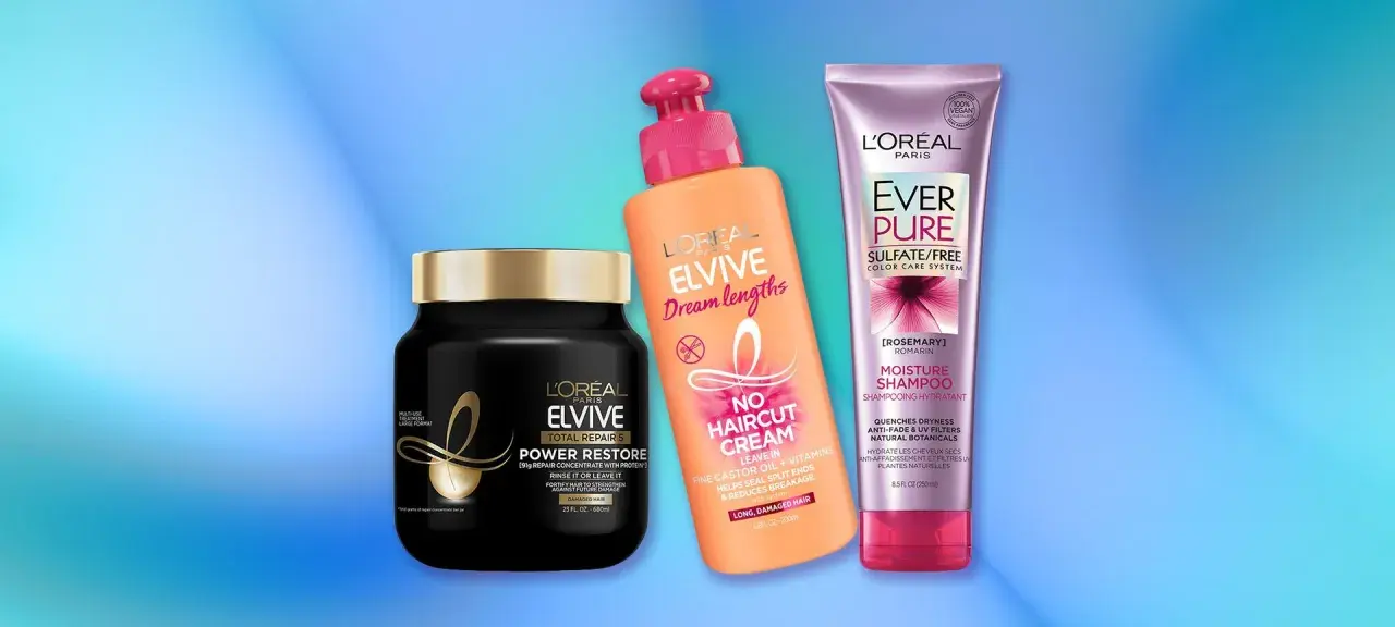 Tres productos L'Oréal para un tratamiento hidratación pelo: mascarilla Elvive Power Restore, crema sin aclarado Dream Lengths y champú Ever Pure Moisture.