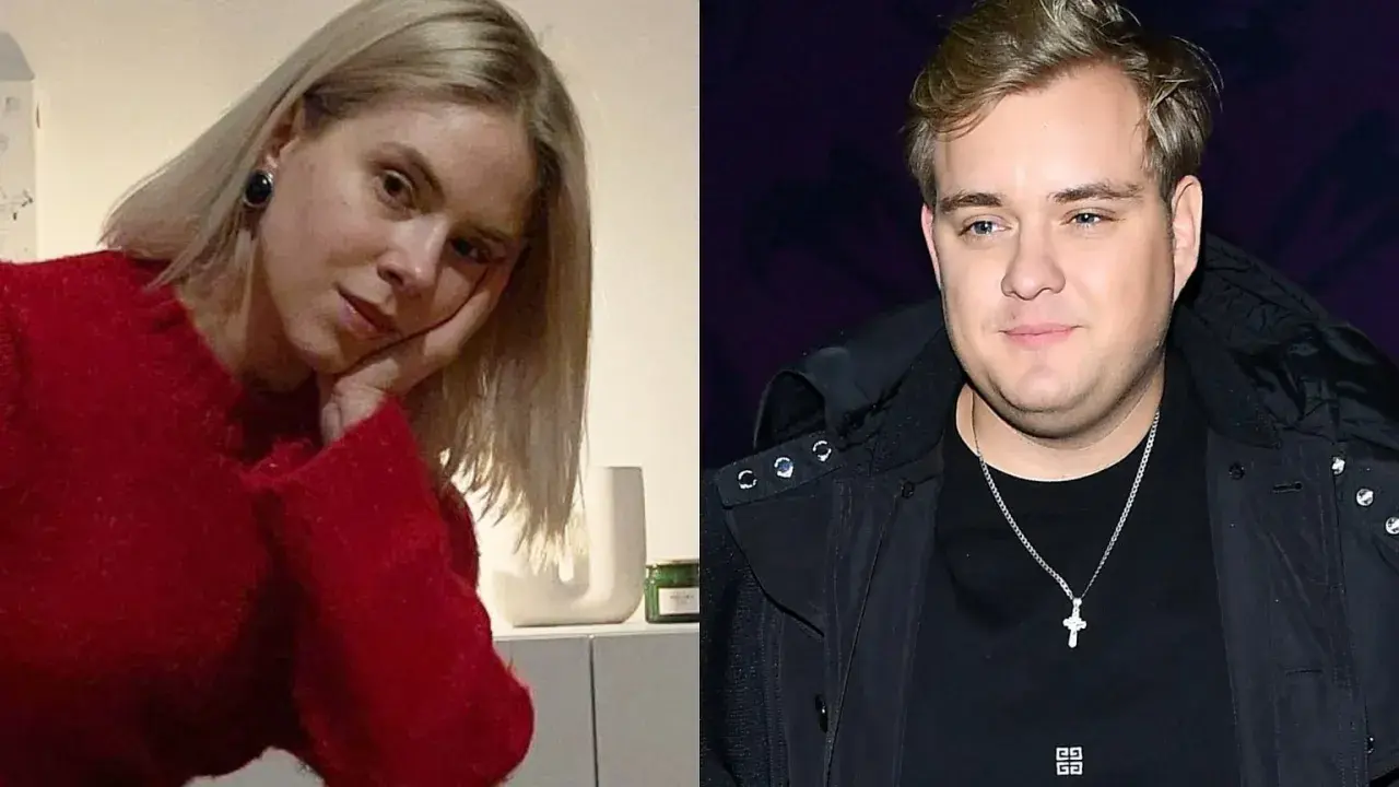 Kobieta w czerwonym swetrze i mężczyzna w czarnej kurtce, przypominający Kevina Mgleja jako dziecko.
