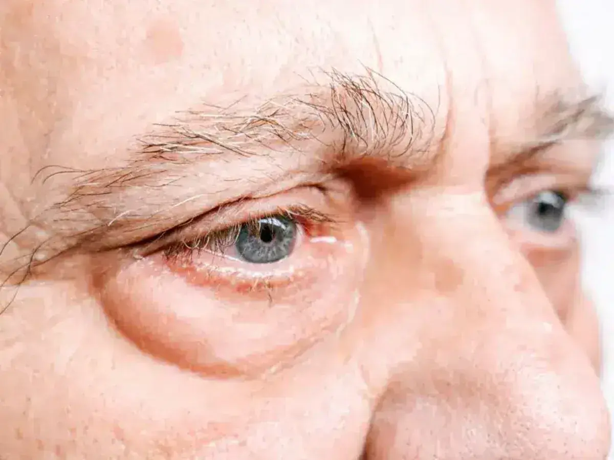 Occhi con evidenti borse sotto, forse un segnale di affaticamento o problemi al fegato.