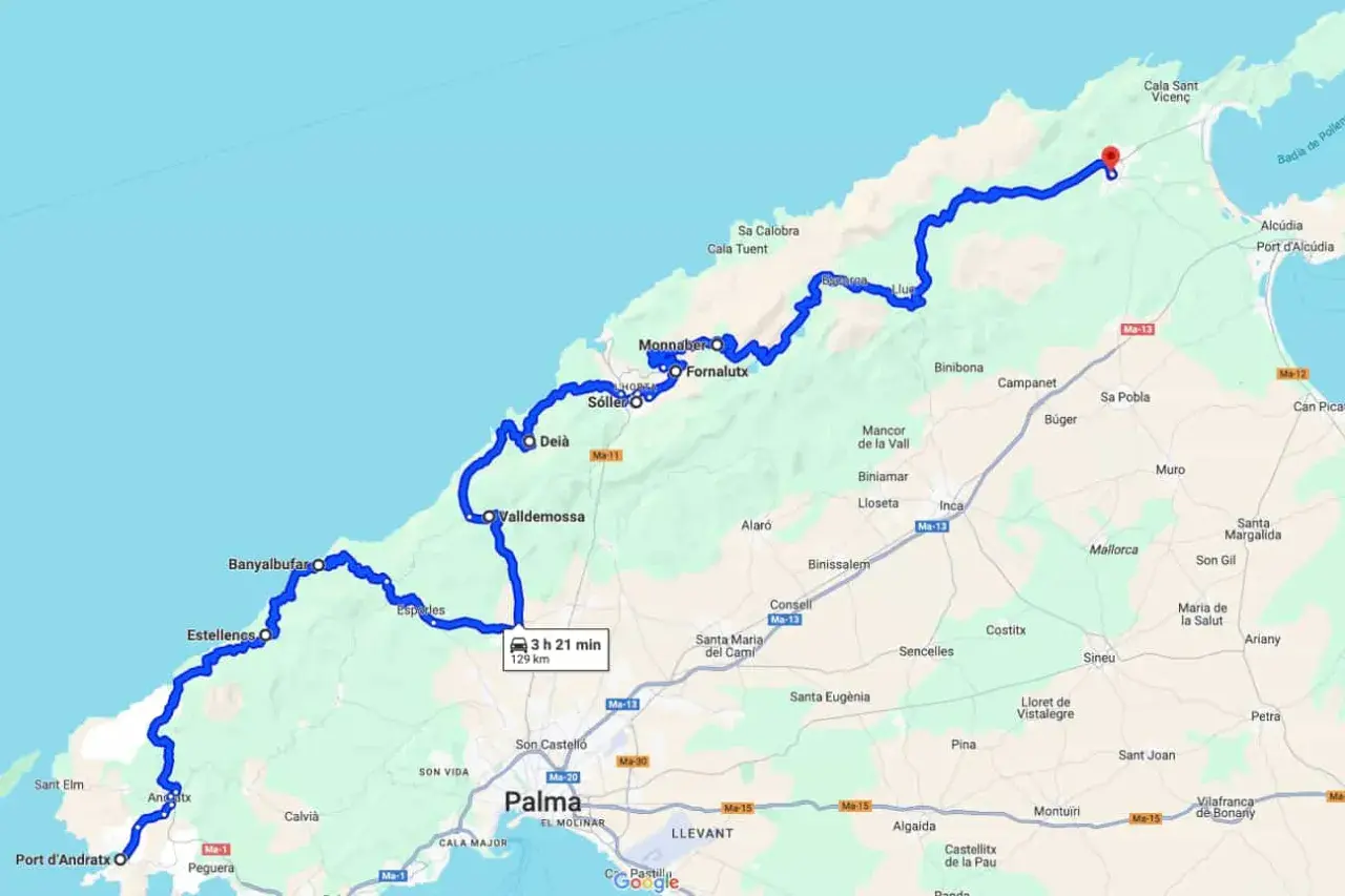 Route von Port d'Andratx über Sóller und Fornalutx nach Cala Sant Vicenç. Eine Tour, um Mallorca zu entdecken.