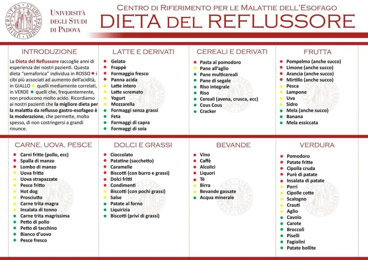 Dieta del reflusso: cibi da evitare (rossi), da moderare (gialli) e permessi (verdi). Evita cibi grassi e acidi per il reflusso.