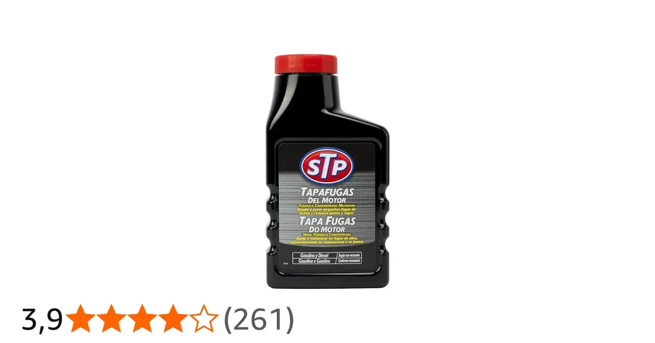 Botella de STP Tapafugas del Motor. Opiniones de usuarios destacan su eficacia para detener fugas de aceite.
