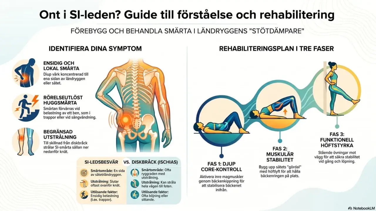 Guide till att förstå och rehabilitera smärta i SI-leden. Tre faser av övningar: djup core-kontroll, muskulär stabilitet och funktionell höftstyrka.