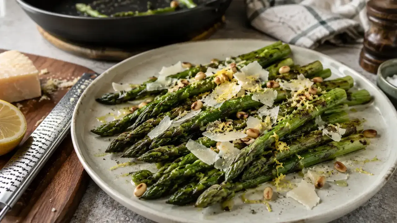 Délicieuse recette d'asperges vertes poêlées, garnies de copeaux de parmesan, de pignons de pin et de zeste de citron. Un plat simple et savoureux.