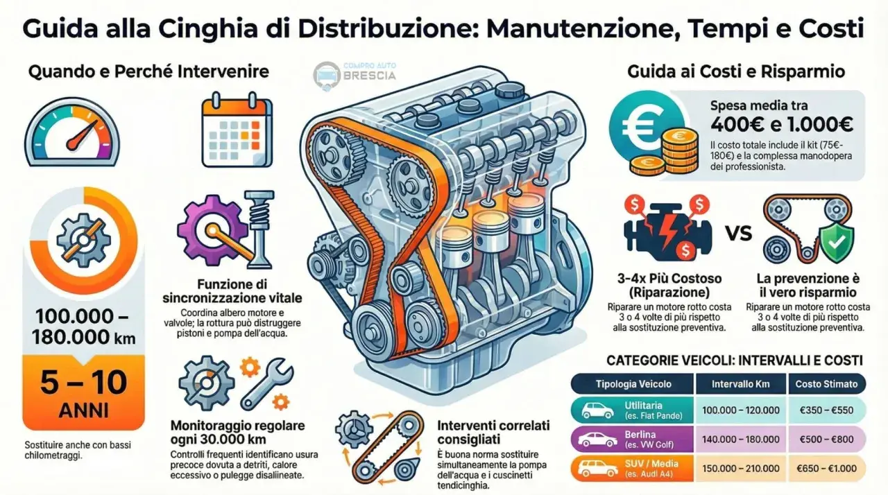 Illustrazione di un motore con la cinghia di distribuzione in evidenza, che spiega la sua funzione vitale, i tempi di sostituzione e i costi. La distribuzione è fondamentale per il corretto funzionamento del motore.