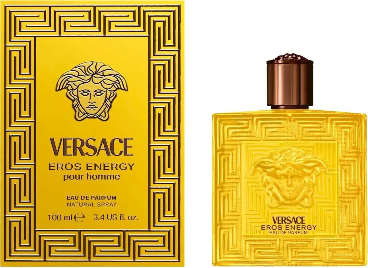 Zestaw Versace Eros Energy pour homme: żółte pudełko z greckim wzorem i butelka perfum.