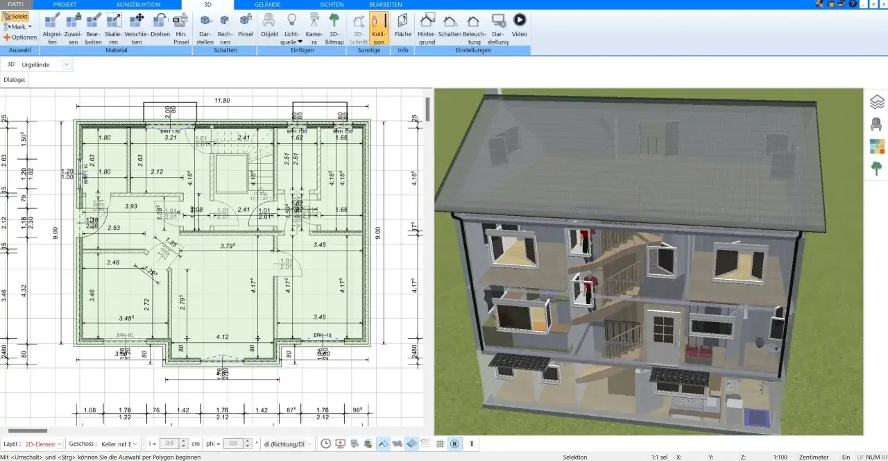 Grundriss und 3D-Ansicht eines Hauses mit Details zur Elektroinstallation.