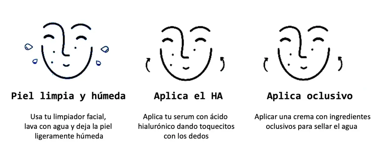 Rutina para piel radiante: limpia, aplica serum con ácido hialurónico para hidratar y sella con crema oclusiva.