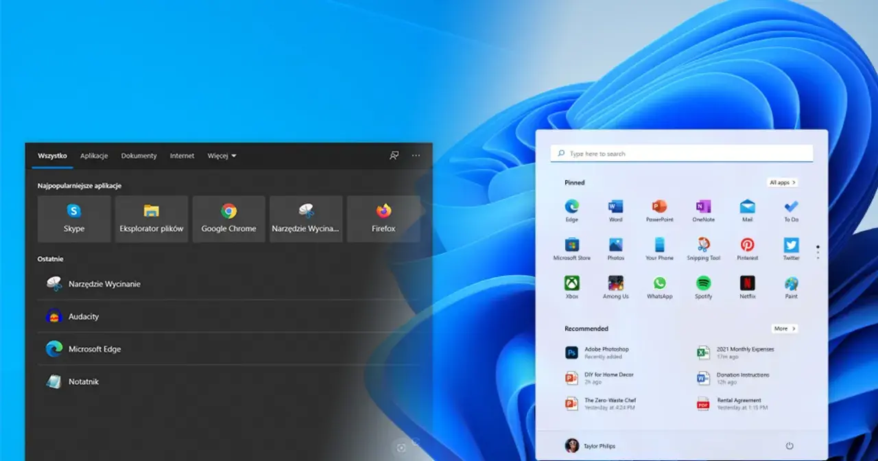 Menu startowe Windows 11 z ikonami aplikacji. Możliwość darmowego pobrania Windows 10.