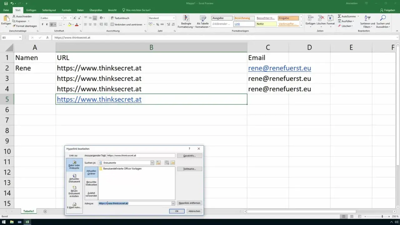 Foglio Excel con collegamenti ipertestuali a siti web. La cella B5 mostra un URL attivo, con la finestra di dialogo "Hyperlink bearbeiten" aperta.