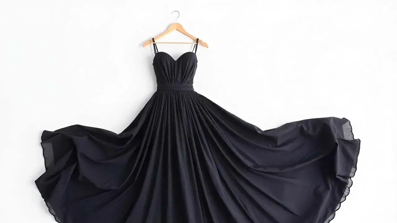 Elegancka, czarna sukienka na ramiączkach z lejących się tkanin na sukienki, rozwiana na boki.