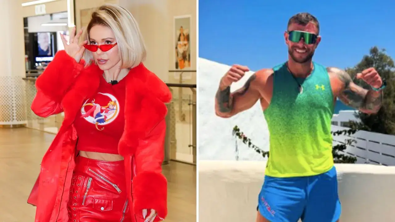 Doda w czerwieni i Dariusz Pachut w sportowym stroju, uśmiechnięty na tle słońca.