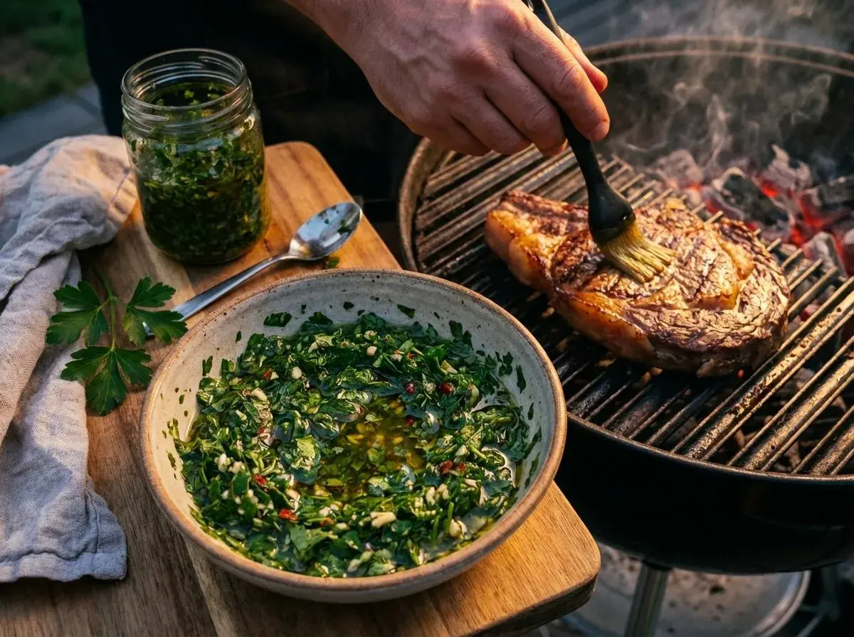 Un steak grillé est badigeonné avec une sauce chimichurri fraîche et vibrante, prête à être dégustée.