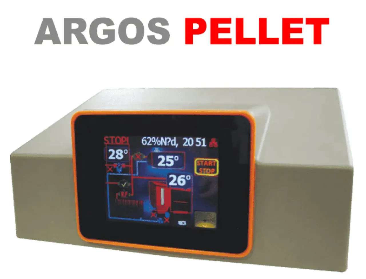 Nowoczesny piec węglowy z podajnikiem Argos Pellet, z cyfrowym wyświetlaczem pokazującym temperaturę i status pracy.