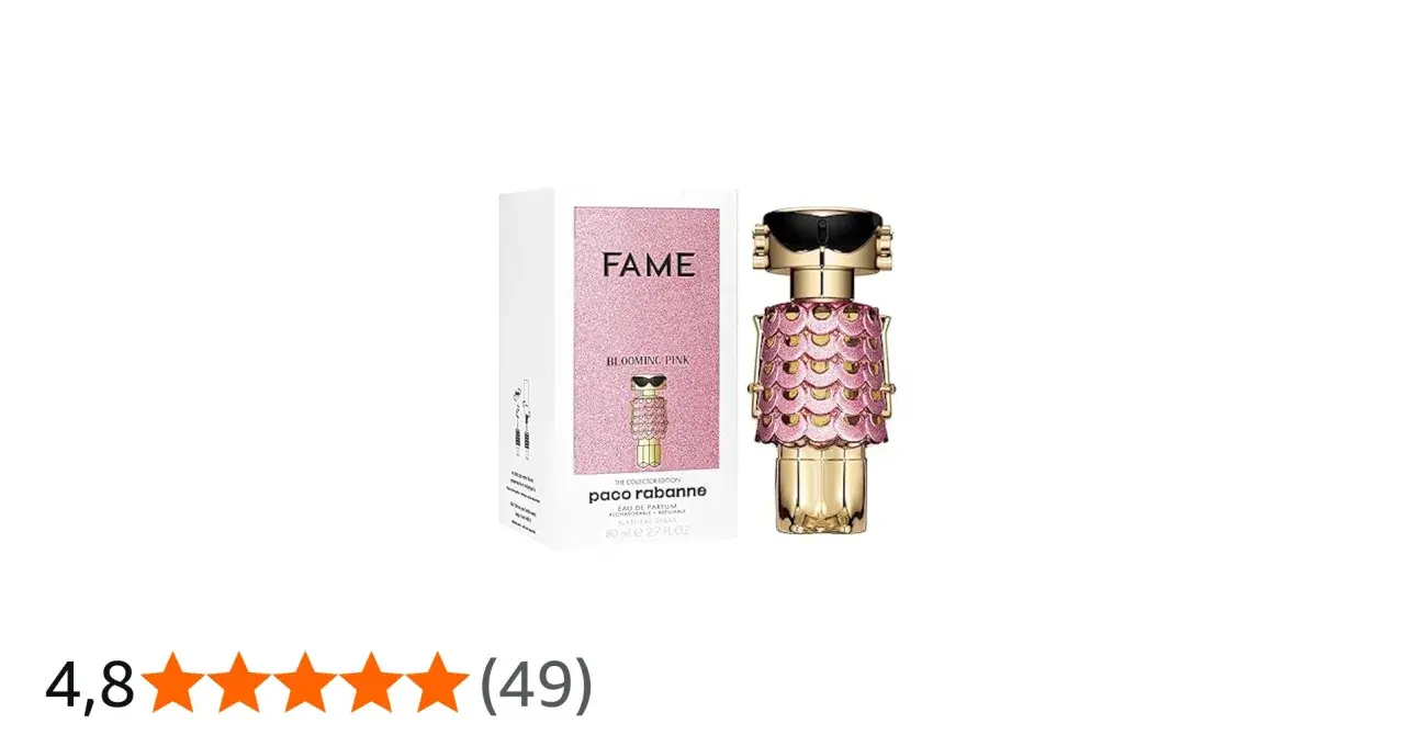 Paco Rabanne Fame Blooming Pink – złoty flakonik perfum w kształcie robota z różowymi łuskami i czarnymi okularami, obok pudełko.