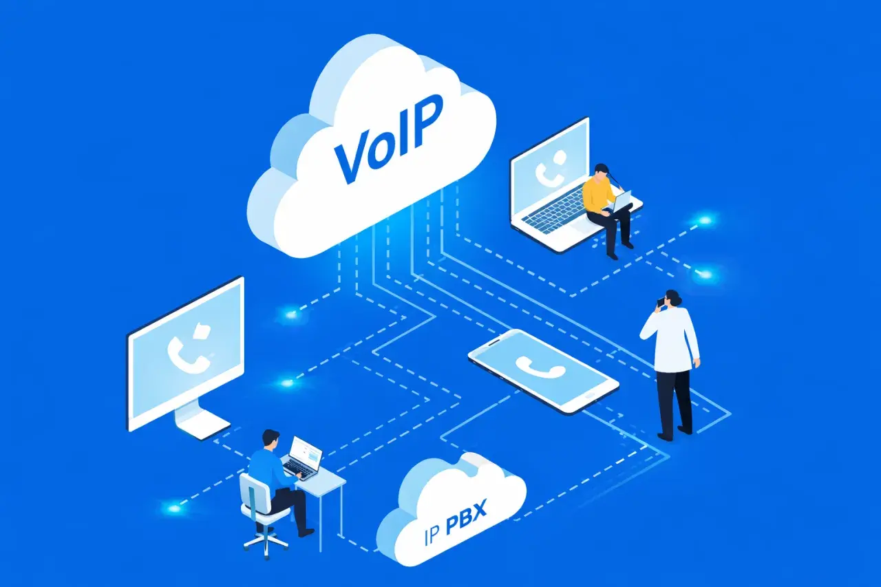 Illustration de la **voip définition** : des personnes communiquent via des appareils connectés au cloud, symbolisant la téléphonie sur IP.