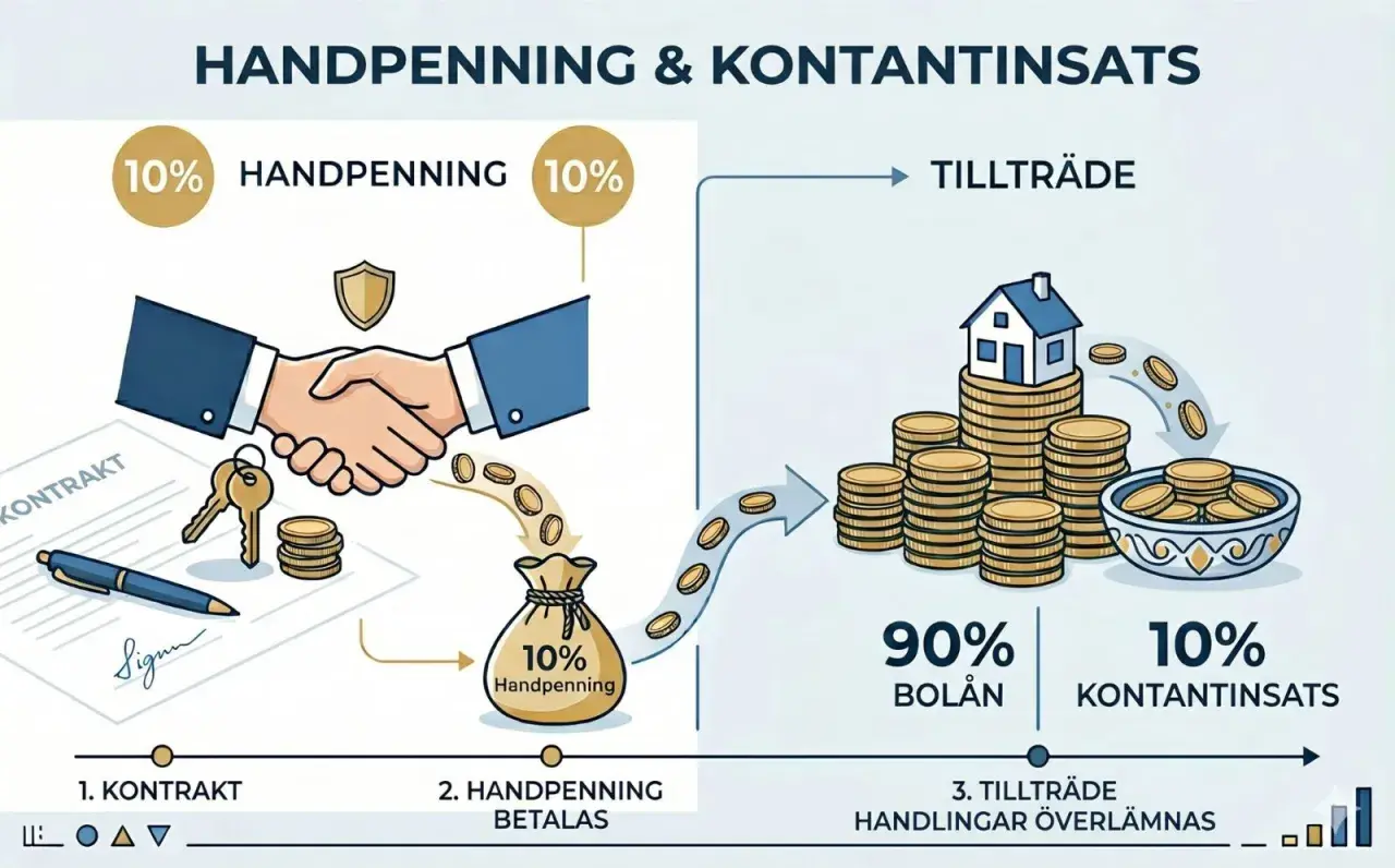Illustration visar husköp: 10% handpenning betalas vid kontrakt, resten 90% bolån. Kontantinsats hus procent är 10%.