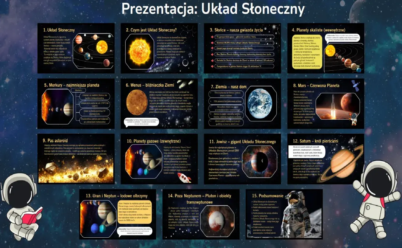 Ilustracja przedstawia układ planet, od Merkurego po Neptuna, z opisami każdej planety i Słońca.