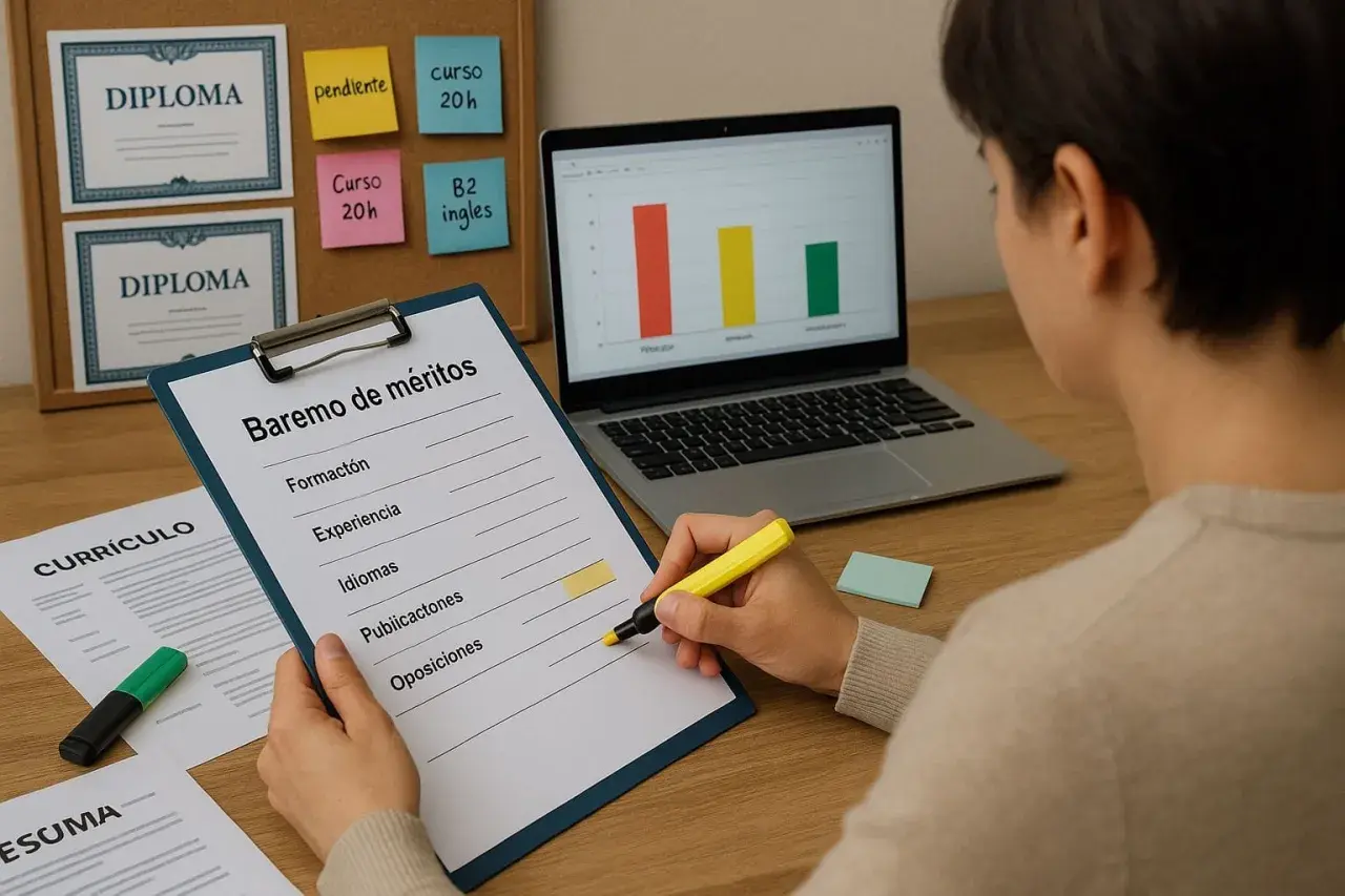 Persona revisa baremo de méritos para oposiciones, con diplomas y currículum a la vista.
