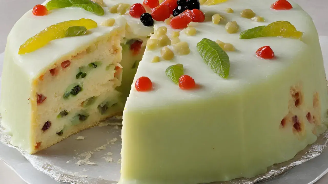 Délicieuse cassata siciliana, un gâteau traditionnel sicilien, avec sa garniture colorée de fruits confits et sa couverture verte.