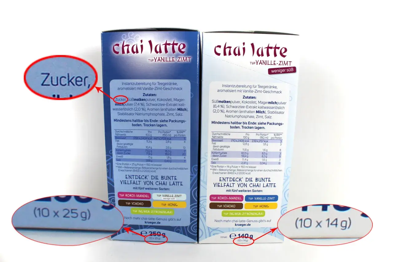 Zwei Packungen Chai Latte Vanille-Zimt. Die Zutatenliste zeigt "Zucker" als einen der Hauptbestandteile.