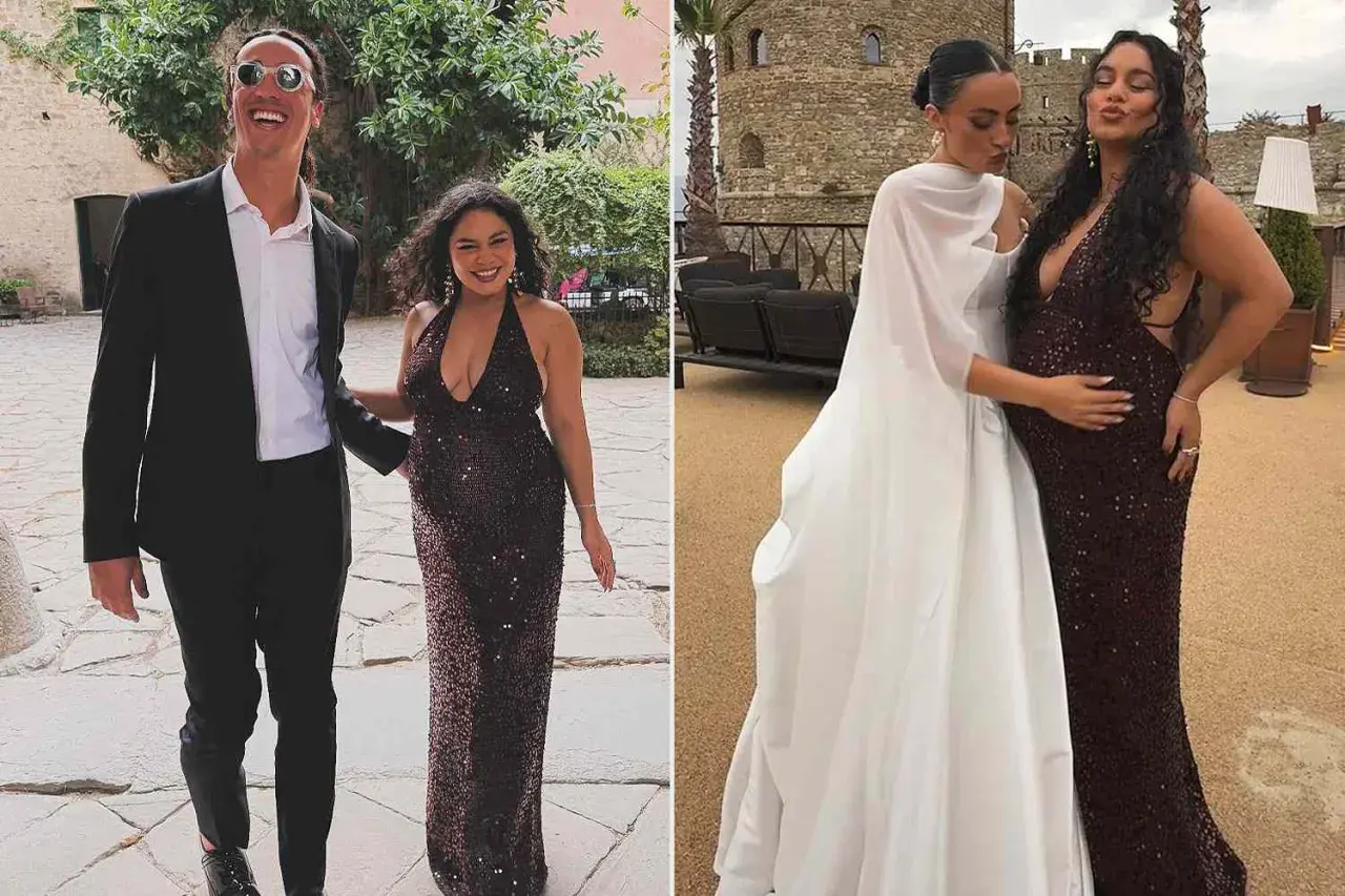 Vanessa Hudgens w błyszczącej sukni i jej partner, a także z inną kobietą w białej sukni.
