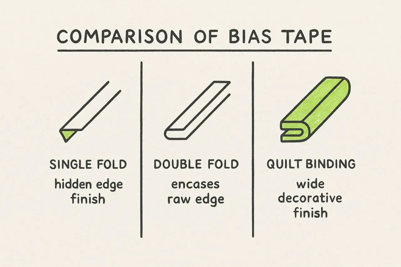 Comparison of bias tape: single fold for hidden edges, double fold for raw edges, and quilt binding for a wide decorative finish.