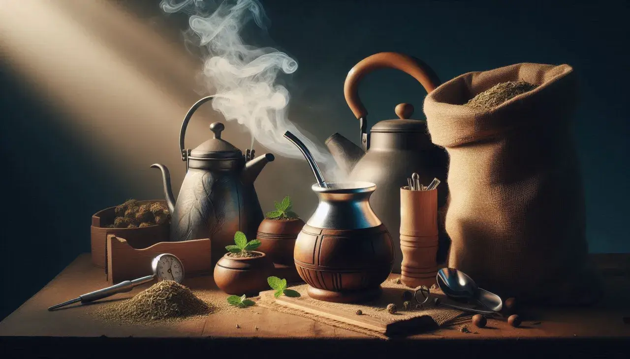 Para yerba mate, idealna temperatura wody to klucz do smaku. Dymiące czajniki i termometr sugerują idealny moment.